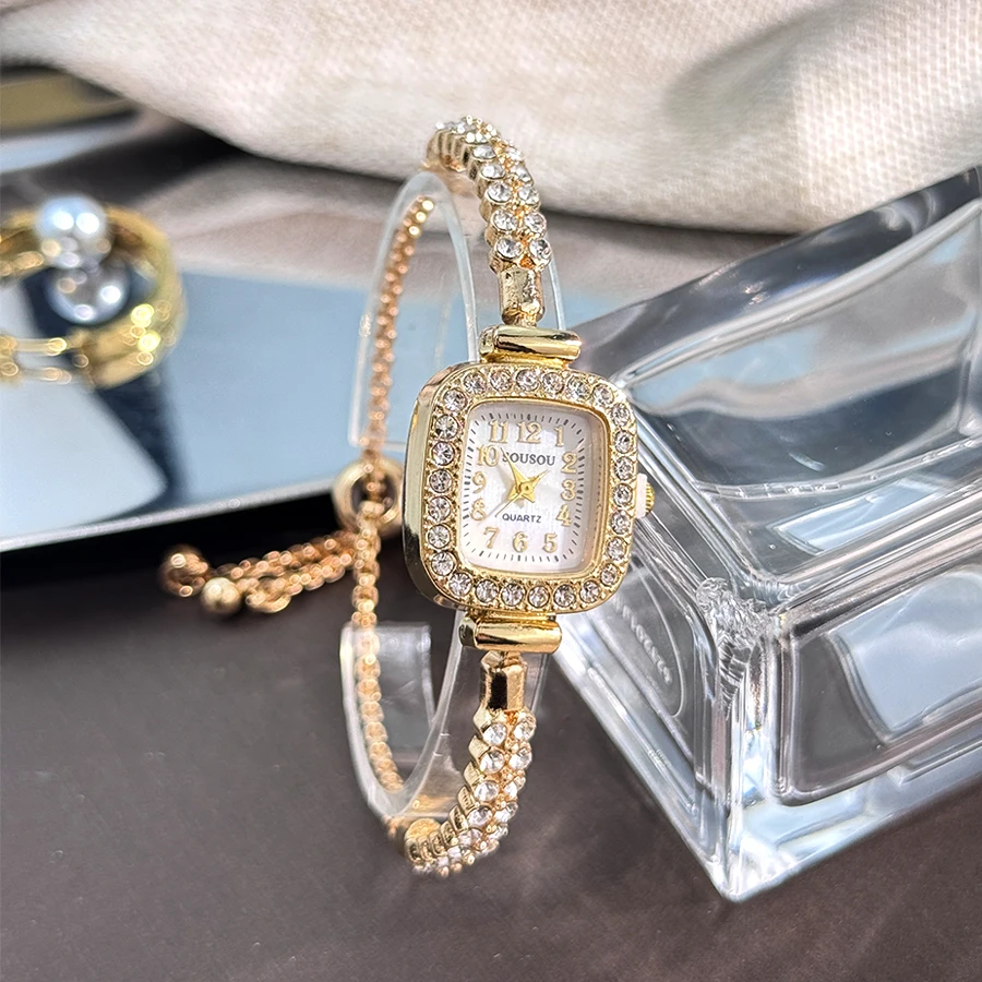 The New Ladies' Small Square Watch Features a Double-Row Diamond Bracelet and Arabic Numerals Fashionable Quartz Watch