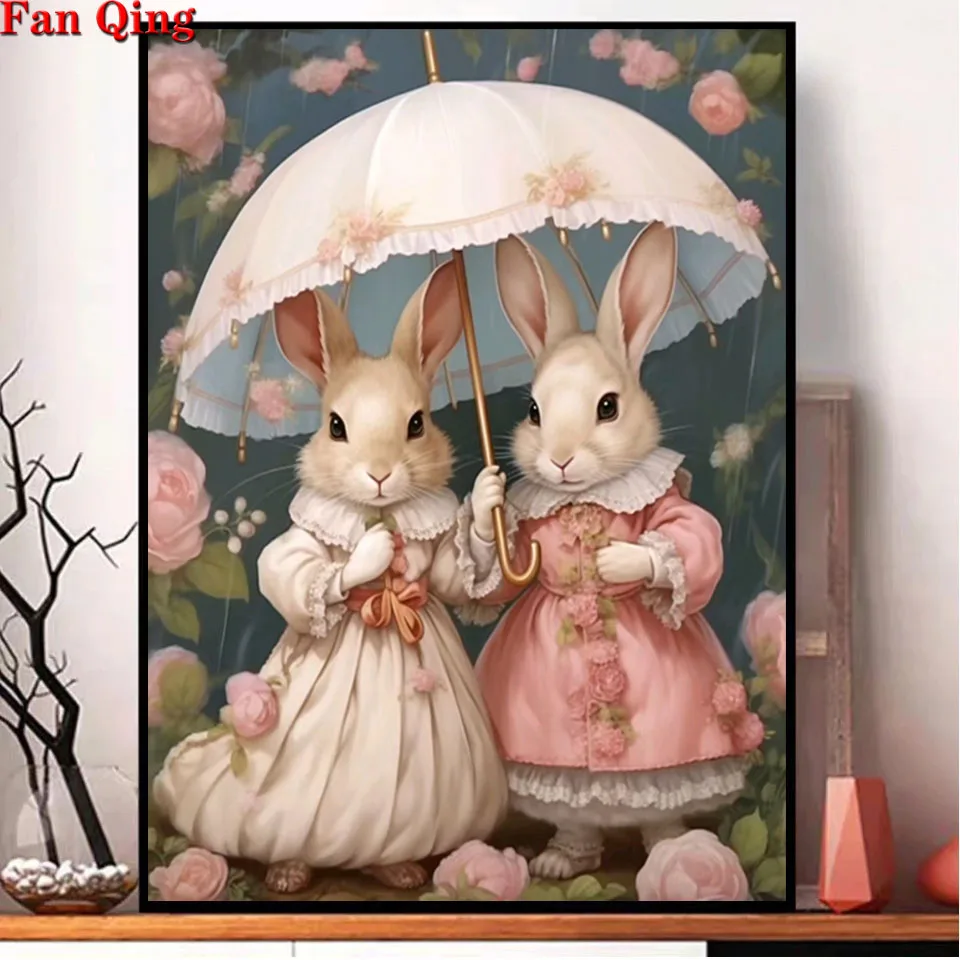 DIY Diamond Painting Cute Rabbit Flower Umbrella Full Square /Round Rhinestone Mosaic Cross Embroidery Kits Hand Art Wall Decor