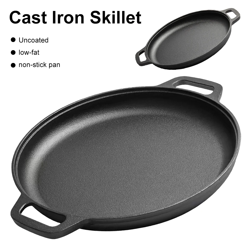 Cast Iron Skillet Pan with Dual Handles an Pizza Pan with Dual Handles Round Griddle Kitchen Outdoor BBQ Grill Cookware Fry Pan