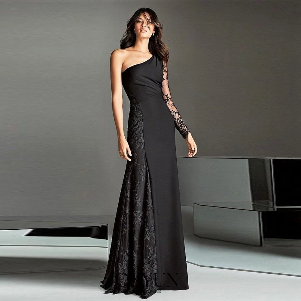 

CUYUN Elegant One Shoulder Evening Dresses Lace Long Sleeves Patchwork A Line Prom Dresses Customized Formal Occasion Gown
