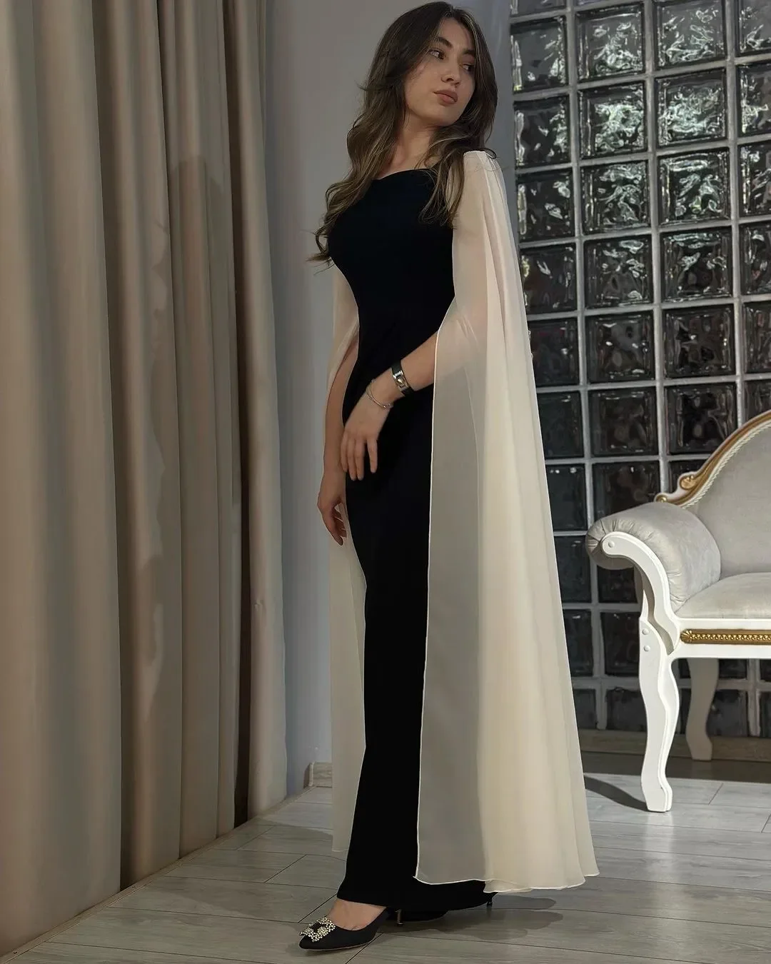 

Saudi Arabia Prom Dress Black Vestid Long Sleeves Evening Dresses Women Party Contrast Color Wedding Guest Dress