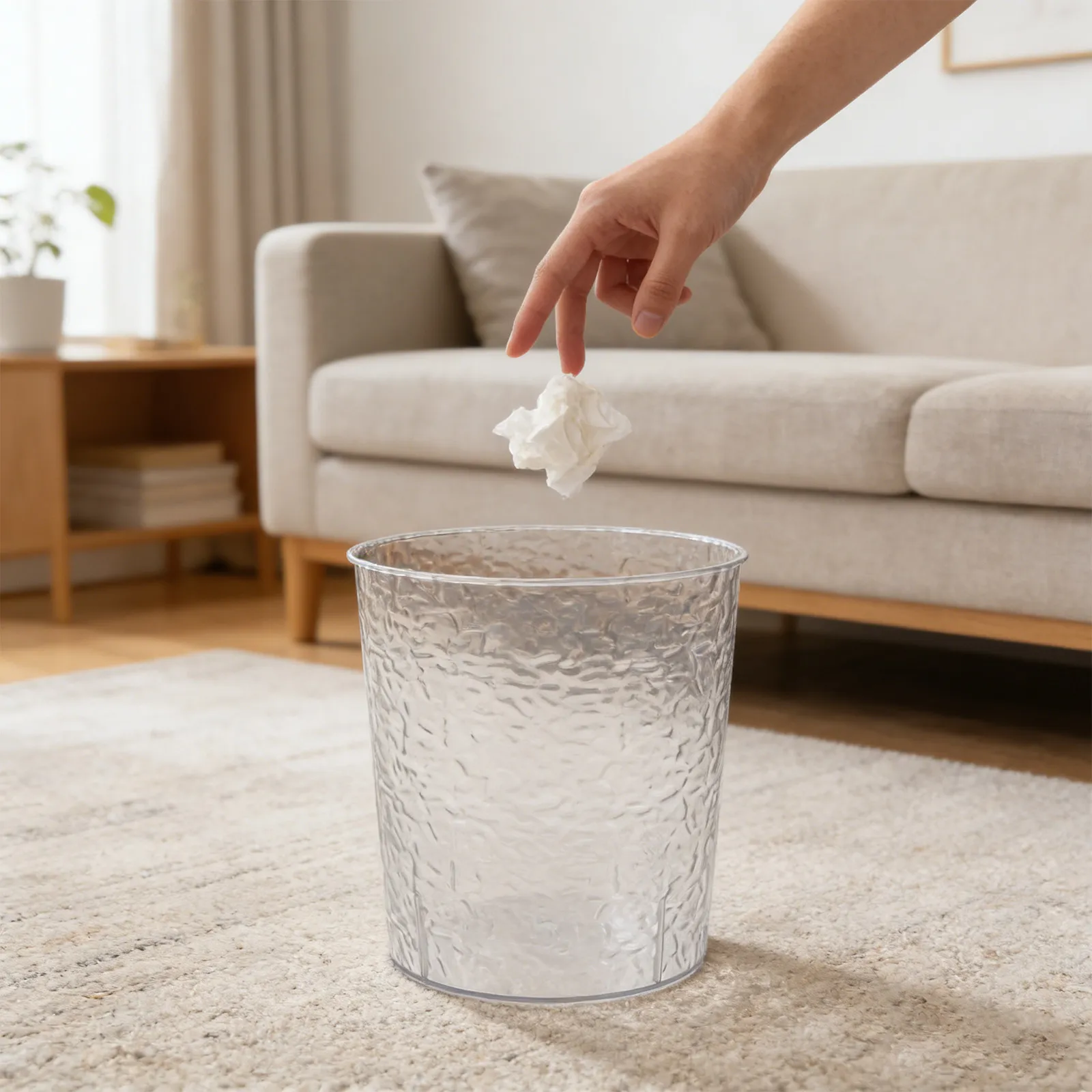 Medium 2 Gallon Clear Trash Can with Lid Modern Water Ripple Texture Transparent Plastic Waste Basket for Bedroom Office