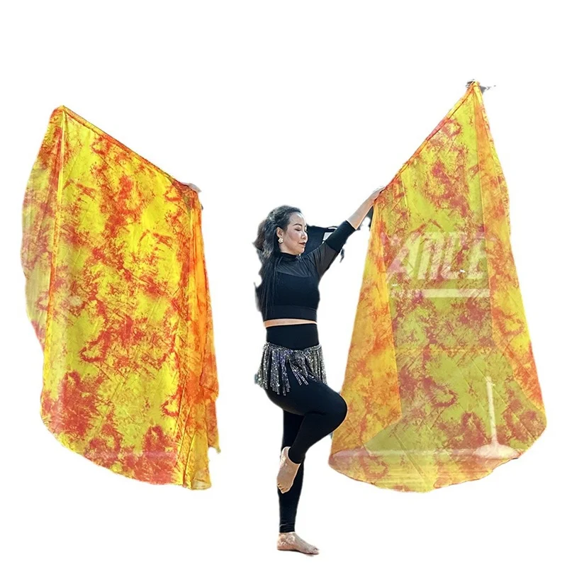 Chiffon Praise Flag One Pair Women Flowy Tie Dye Chiffon Veil 2pcs Stage Performance Show Props Yellow Orange Floral Worship