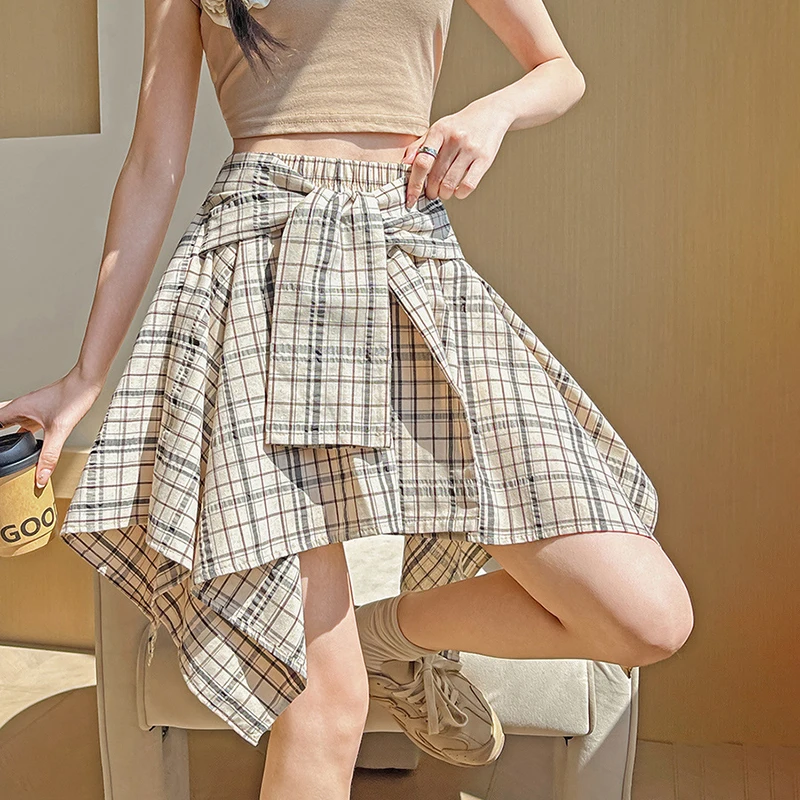 2025Y2K Onregelmatige Hoge Taille Geruite Rokken voor Vrouwen Herfst Nieuwe Harajuku Straat Mini Rok Vrouw Chic Lace-Up korte Shirts Mujer