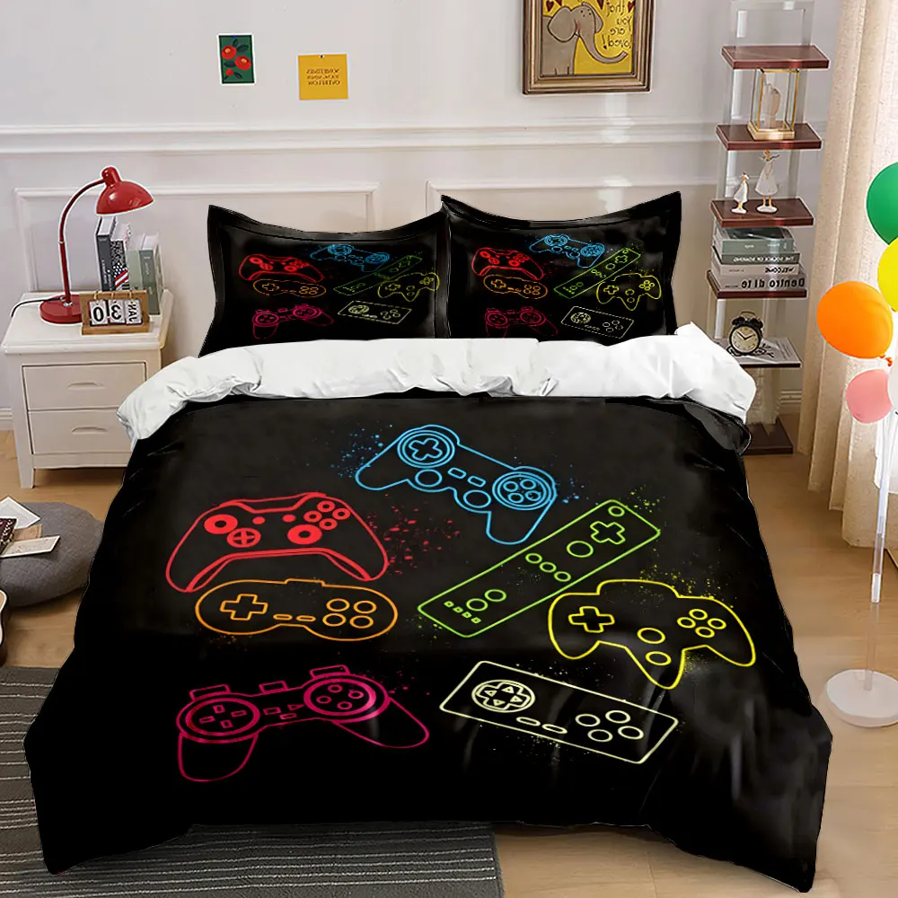 Neon Style Gaming Controllers Print Bedding Set 1 Duvet Cover 2 Pillowcases for Adult and Children Luxury Gift Full Size