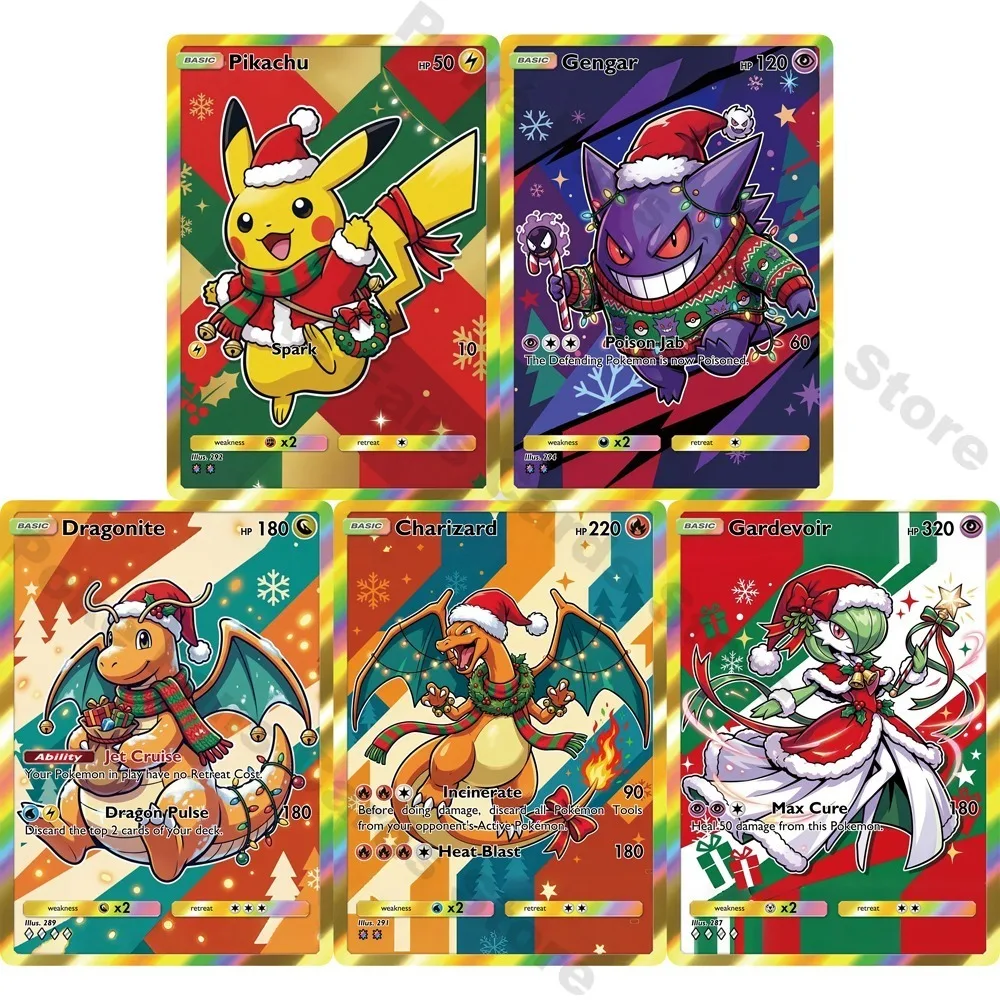 PTCG Cards Christmas series Kawaii Gengar Charizard Dragonite Gardevoir PTCG Cards Holo Rare Creativity PTCG Gift
