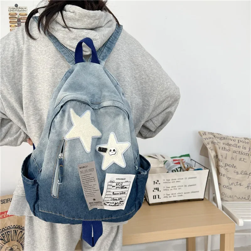 Zaino pigro Star Borsa per libri per studenti casual in denim morbido Zaino per bambini di tendenza per borse per bambini per borse da scuola per ragazze Mochilas