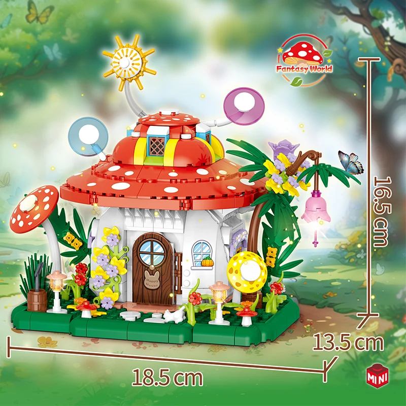 Criativo casa de cogumelo vista rua blocos de construção cidade arquitetura floresta cabine cogumelo barco mini tijolos brinquedos crianças presente