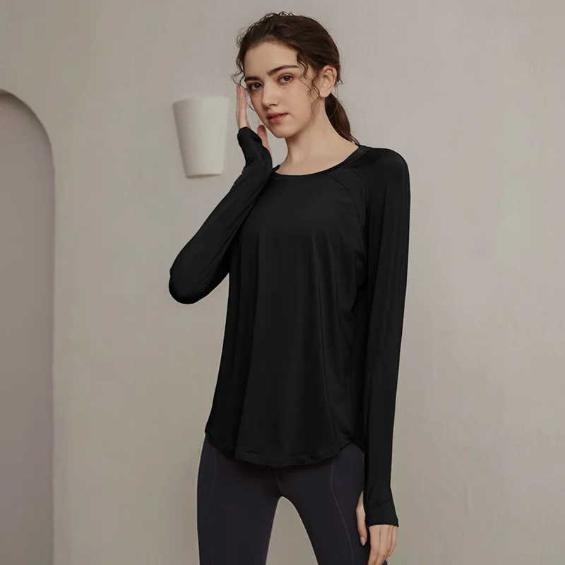 Solid Loose-Fitting Quick-Dry Women's Long-Sleeve T-Shirt Yoga Top Breathable Running Fitness Top Slimming Workout Top