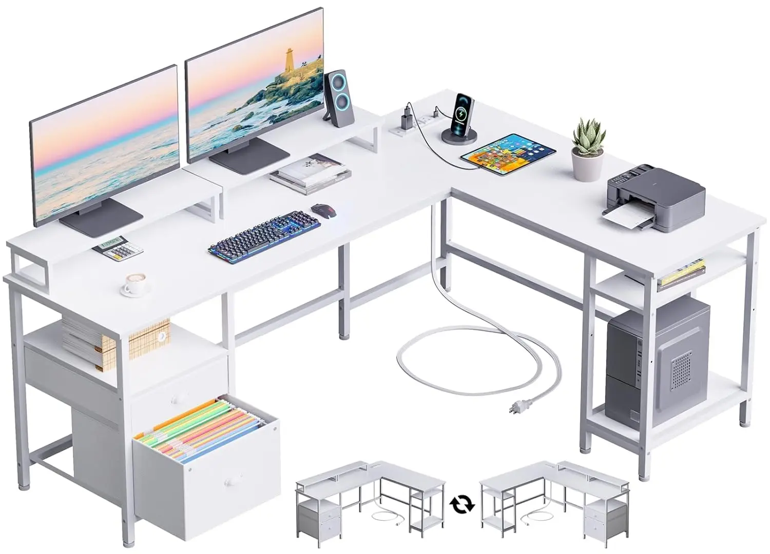 

66” L Shaped Desk with Power Outlet, Reversible Computer Gaming Desk with File Drawer & 2 Monitor Stands for Home, Customized