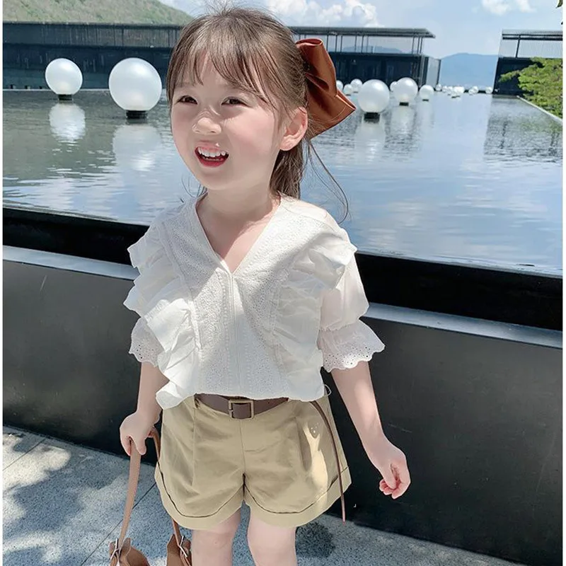 

Girls' Summer Outfit Baby Girl Academy Style White Shirt Casual Shorts Two-Piece Set Wholesale
