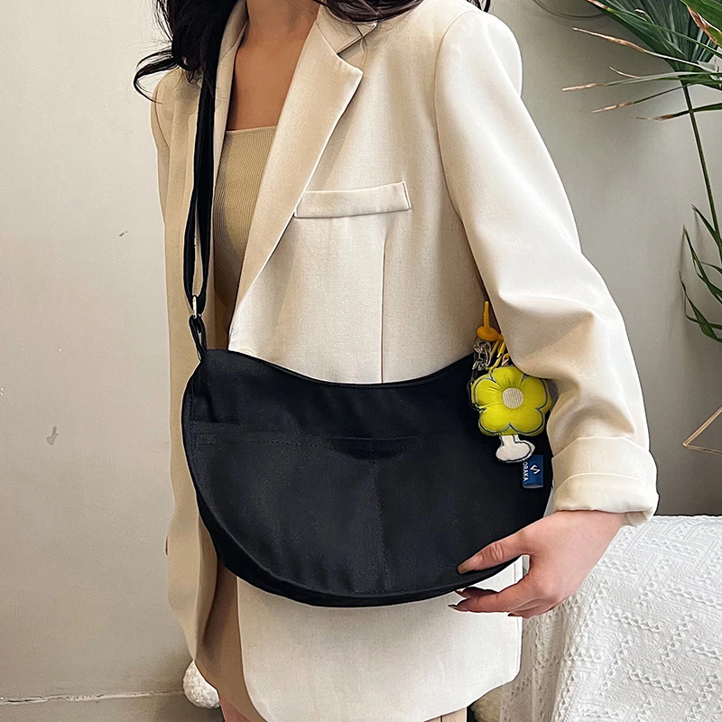 Fashion Solid Color Shoulder Bags Canvas Handbags With Pendant Large Capacity Crossbody Bag Underarm Messenger Crossbody Bag