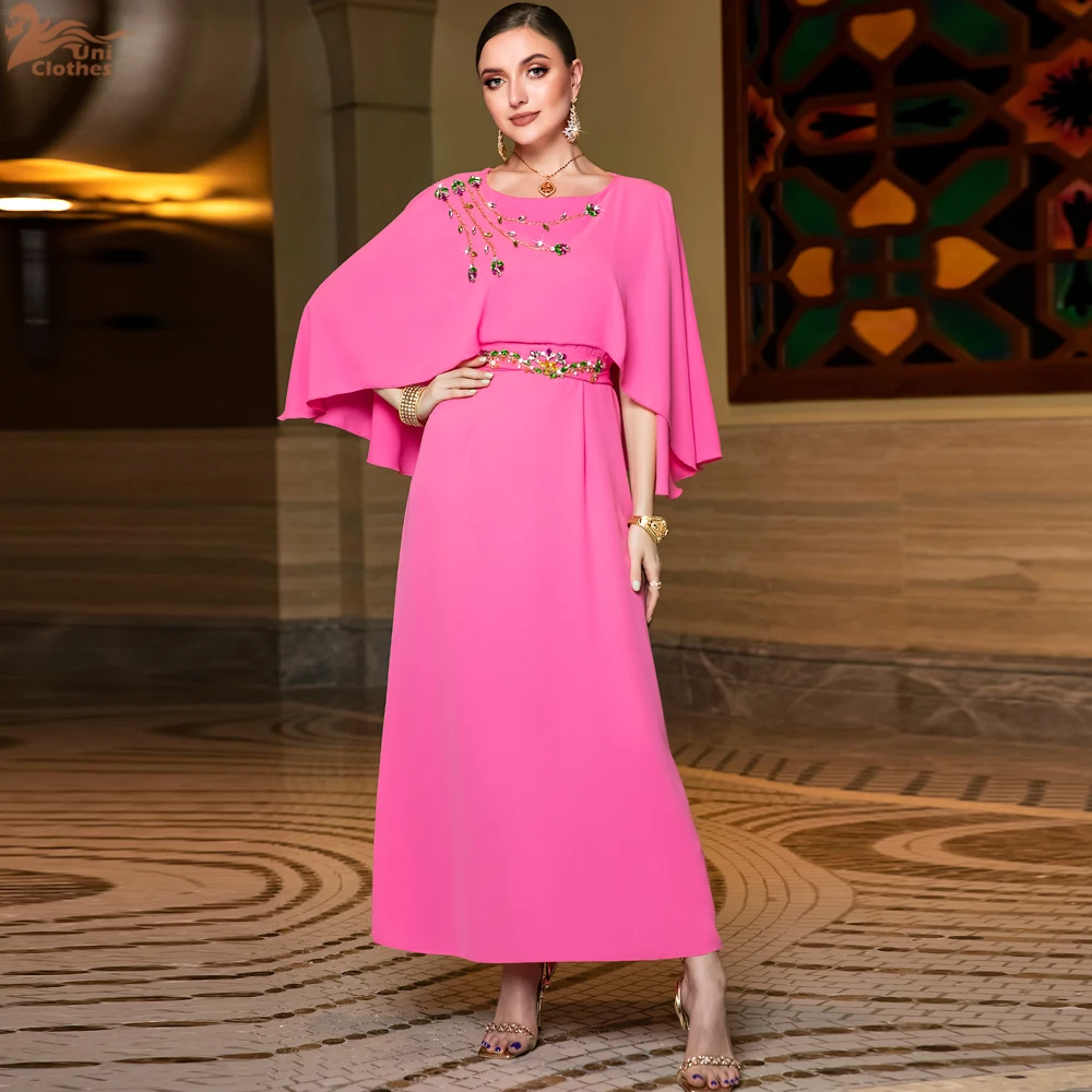 Fashion Muslim Party Evening Dresses for Women Chic Hand Sew Colored Rhinestone Belted Moroccan Kaftan Dubai Abaya Cloak Sleeve