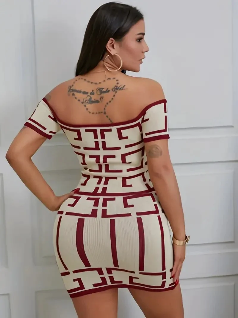 2024 New Fashion Women Sexy Geometric Print Two-piece Set Off Shoulder Short Sleeve Top High Waist Slim Skirt Outfits Suits