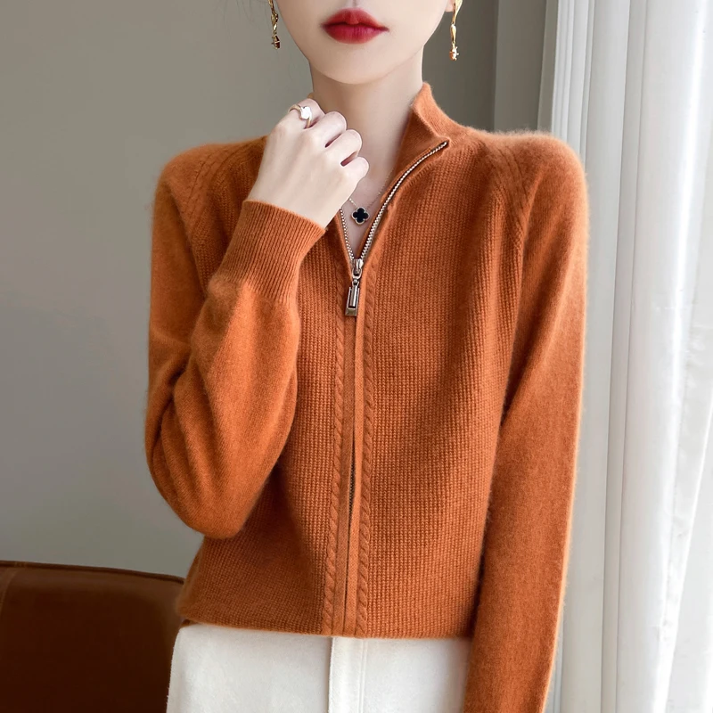 Autumn and winter new 100% pure wool cardigan women\'s semi-high collar thickened loose fashion solid color coat cashmere sweater