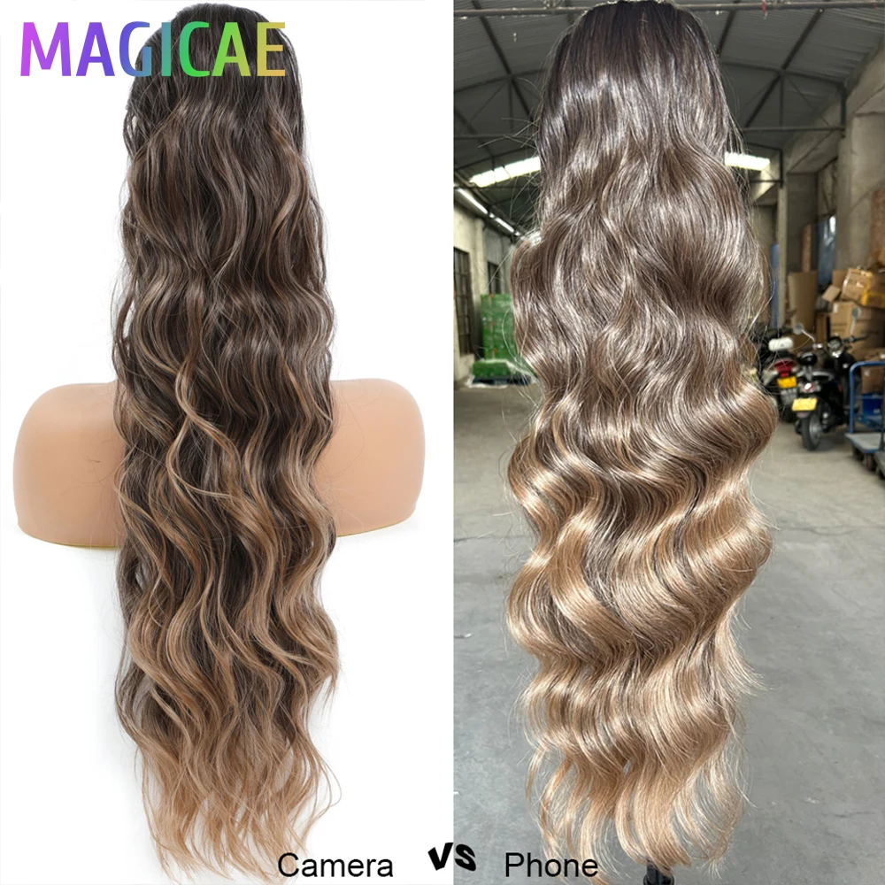 28Inch Drawstring Body Wave Ponytail Ombre Blonde Brown 180Grams High Temperature Synthetic Bundles Ponytail