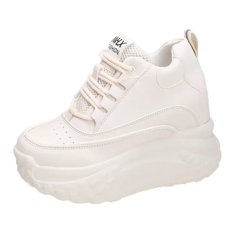 Women Platform Breathable Leather Shoes New Autumn Chunky Sneakers 10CM Wedge Hidden Heels Leisure Sports Casual Dad Shoes Woman image 6