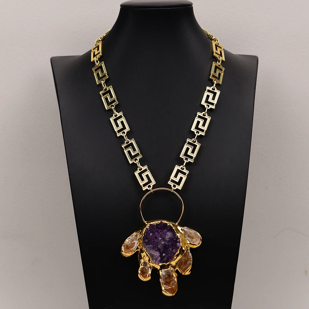 

GG 21" Big Natural Amethyst Druzy Raw Citrine Quartz With Electroplated Edge Pendant Gold Plated Fashion Chain Necklace