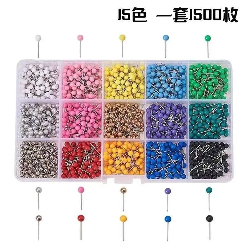 1500pcs Boxed colored plastic pins, map marking pins, push pins, round balls, short pins, cork positioning pins