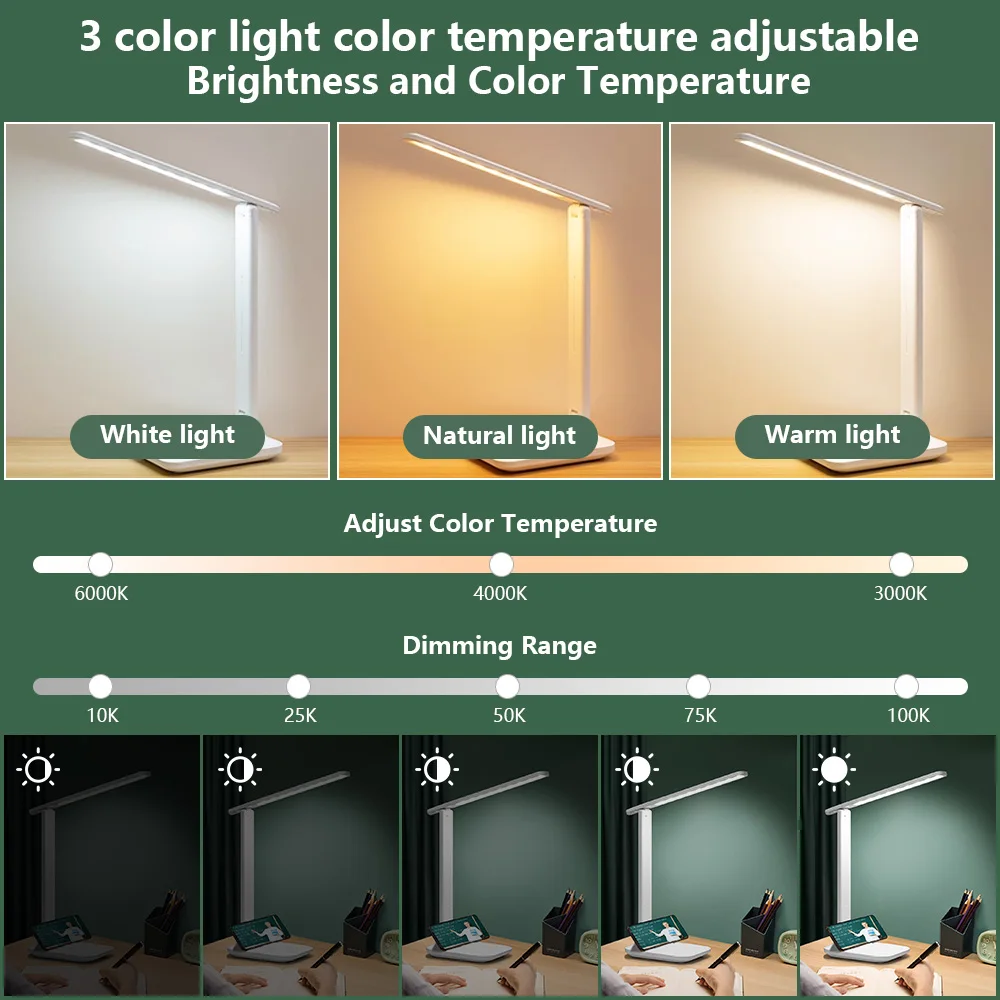 مصباح مكتبي LED مرن مزدوج الرأس لحماية العين 3 أوضاع ألوان سطوع USB قابل لإعادة الشحن 360 درجة °   تدوير دراسة مكتب التحكم باللمس