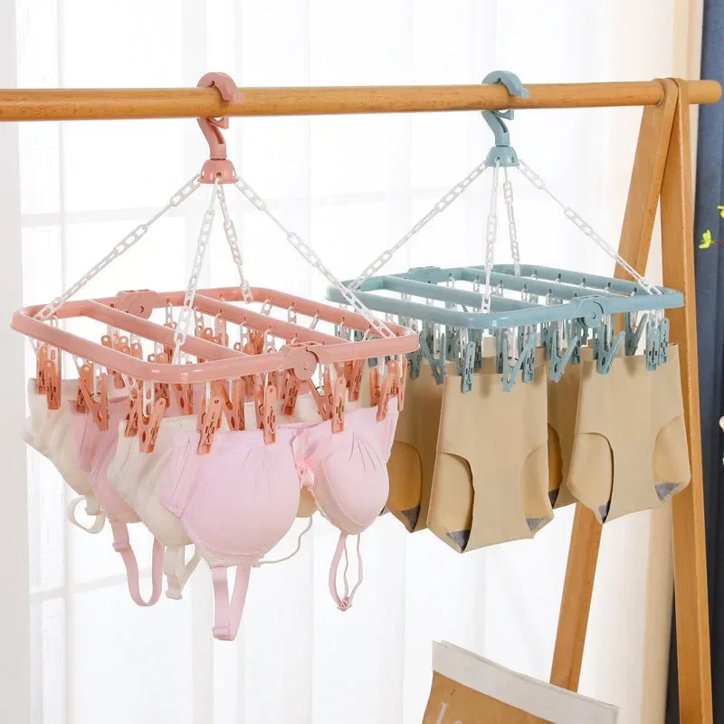 

2024 Folding Hanging Hanger 32 Clip Multifunctional Windproof Socks' Clip Drying Rack Household Plastic Clothes Socks Drying New