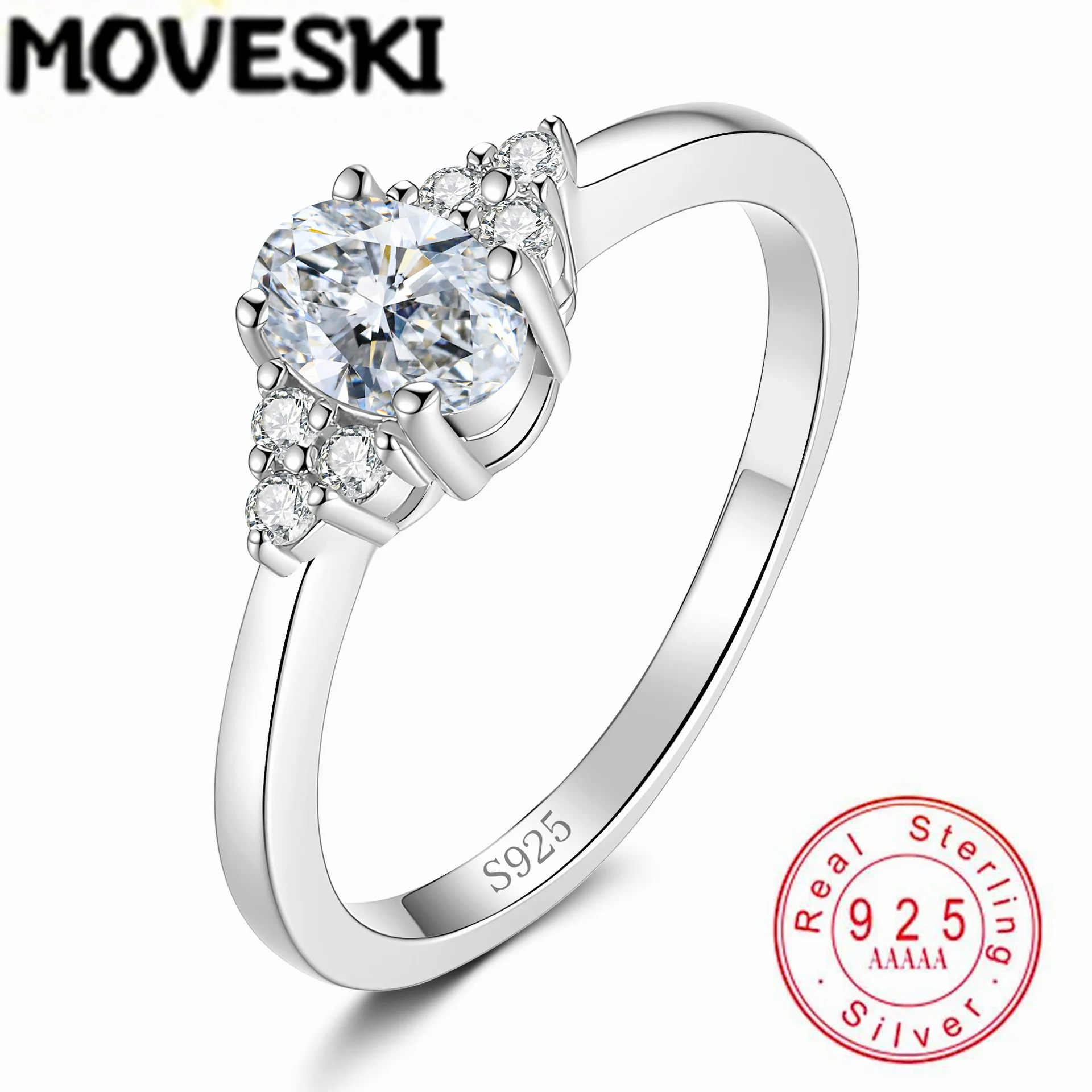 MOVESKI 0.5CT D Color VVS1 Moissanite Ring 925 Sterling Silver Oval Cut with Side Accents Engagement Fine Jewelry