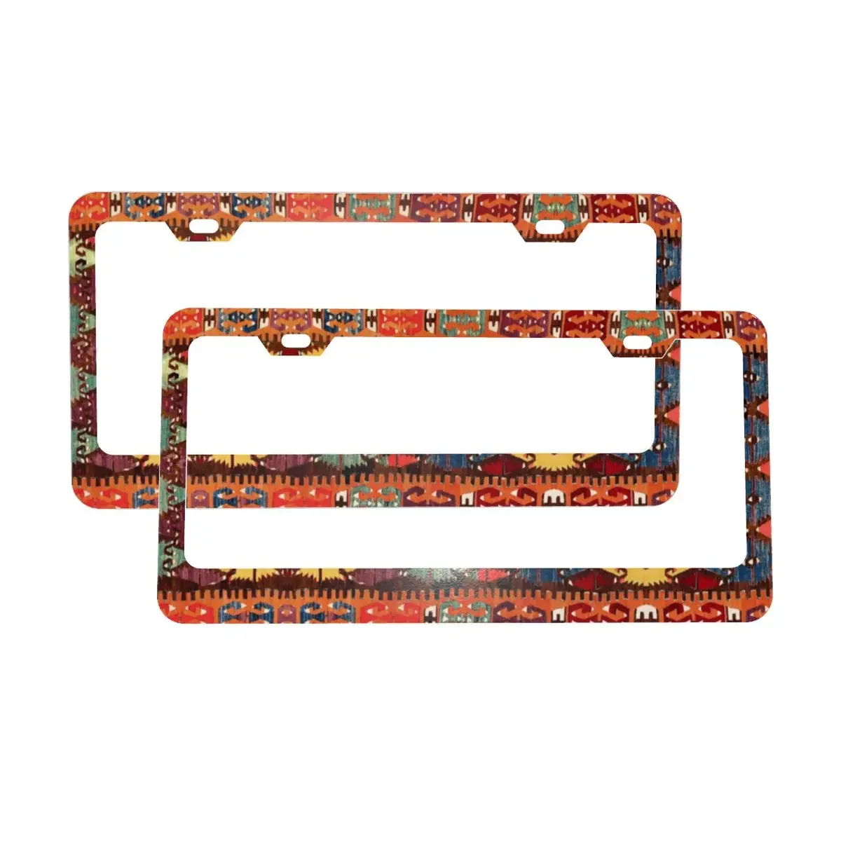 Aksaray Antique Turkish Kilim License Plate Frames Boho Bohemian Tribal Aluminum Metal License Plate Holder with Screw Caps