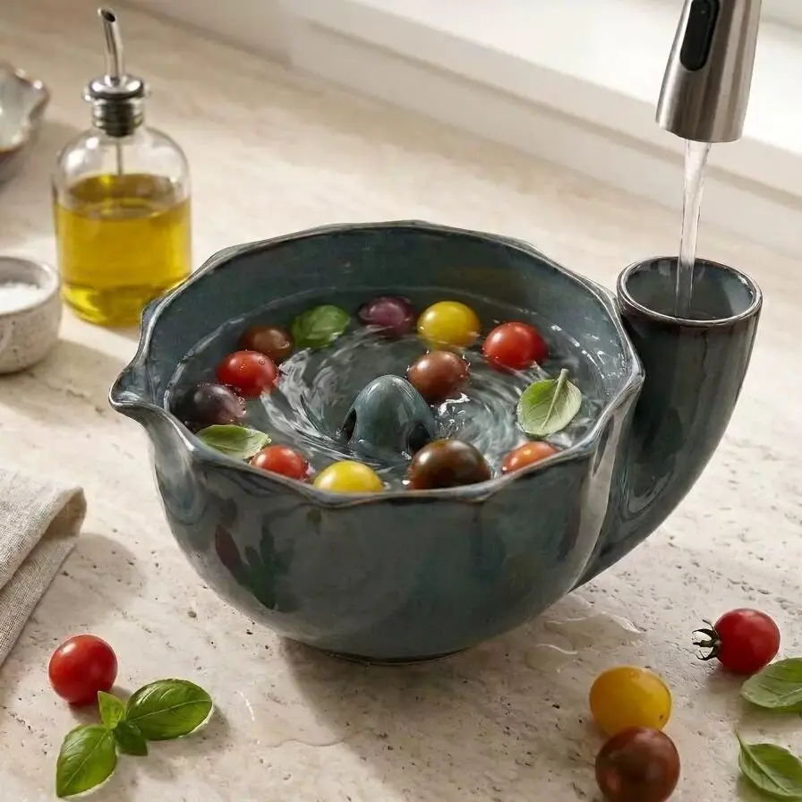 Berry Whirlpool Bowl, Household, Ceramic, Drain Bowl, Automatic Rotation of Water Flow