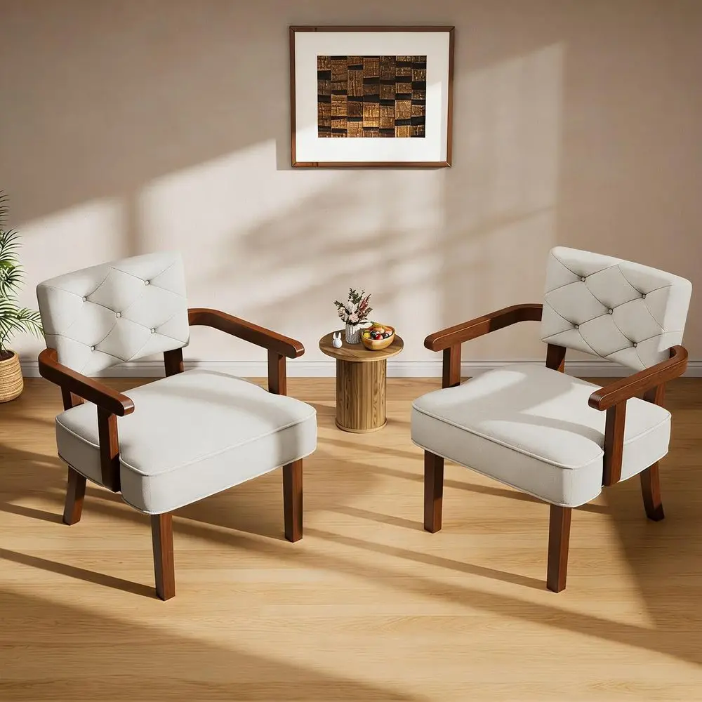 

ern Accent Chairs Set o 2,Butacas para Sala,Century Small Arm Chair,Upholstered Wooden Chairs with Arm Rest,Tuted Backrest,Cushi