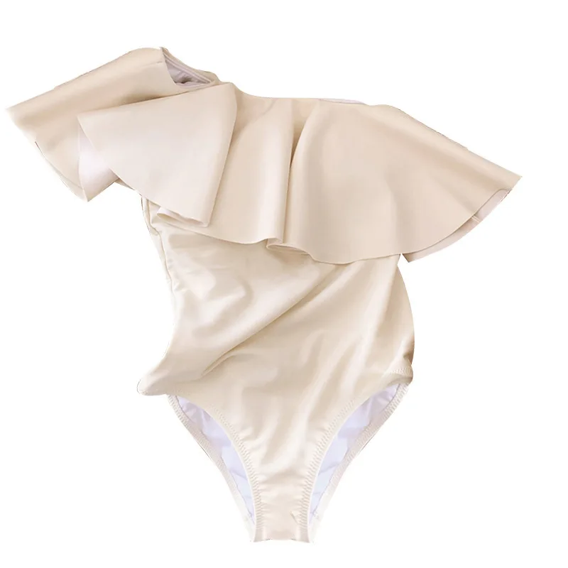 Minsu South Korea New Pure Color Bikini Sexy Big Ruffled Covering Belly Thin Conservative One-Piece One-Shoulder Swimsuit for Wo