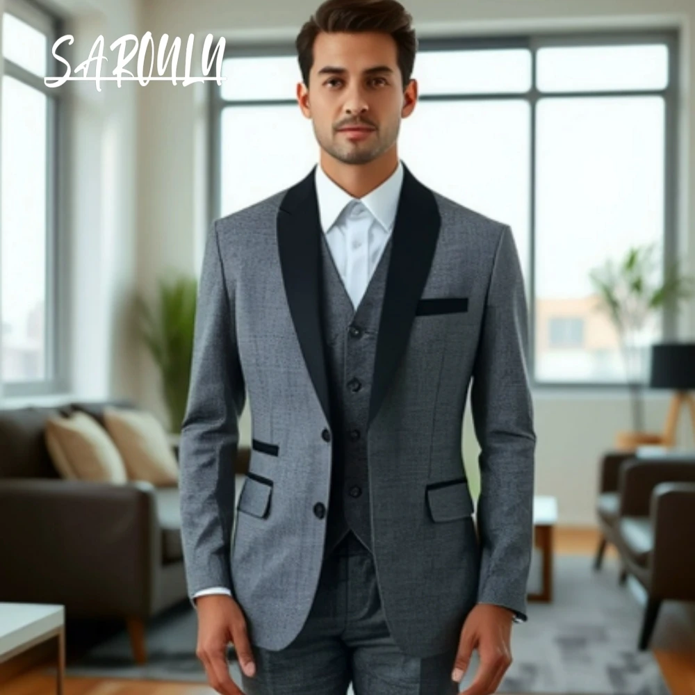 

Elegant 3pcs Celebrity Suits With Black Lapel Trim, Perfect For Proms & Gala Events Tuxedo, Casual On Duty Set, Plus Size Groom