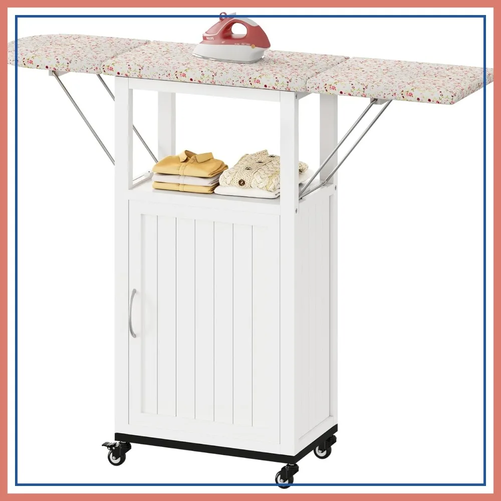 

Rolling Ironing Board with Storage Cabinet, Folding Craft Table with Wheels, Wooden Fold Down Station, Heat-Resistant Sponge