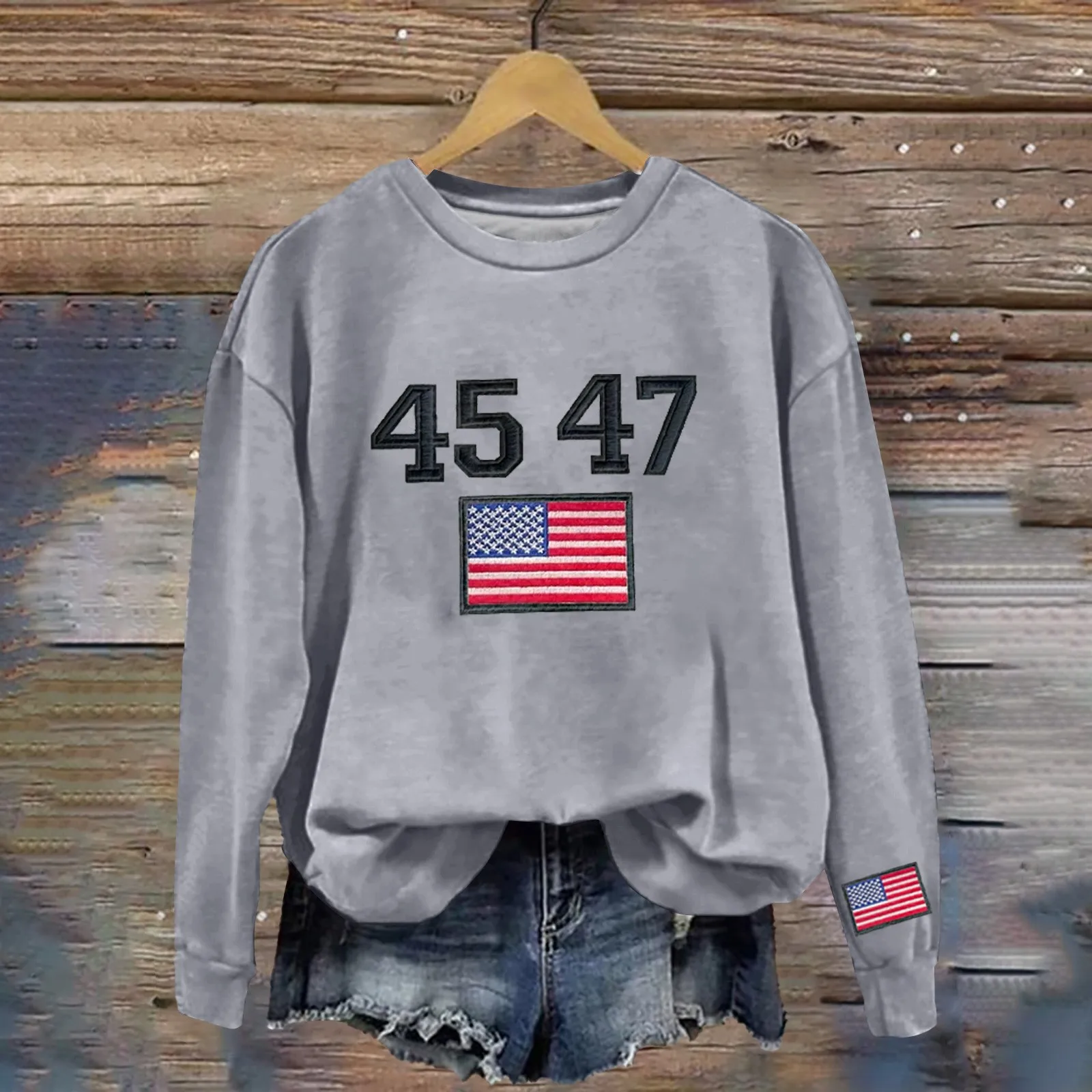 Women 45 47 Flag Sweatshirt Trump 2024 Sweatshirt Long Sleeves Print Crew Neck Pullover Casual Comfort Soft Top Upper