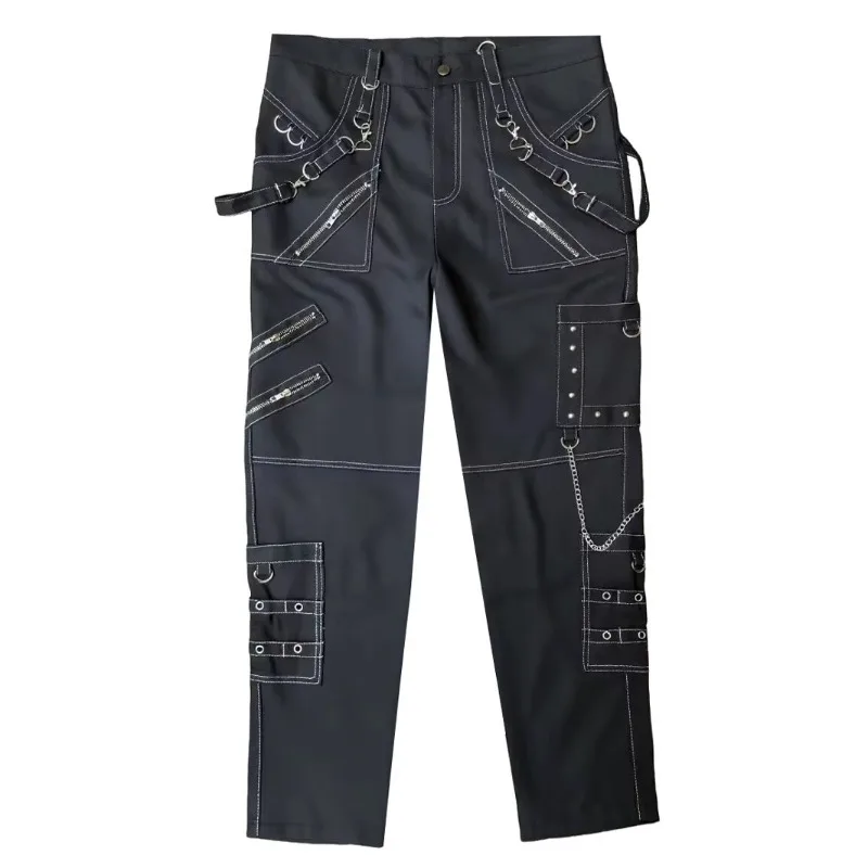 

Spring and Fall Trousers Chain Embellished Personality Slacks Men's Gothic Pants Punk Rock Perforated Cargo Pants Bondage Jeans