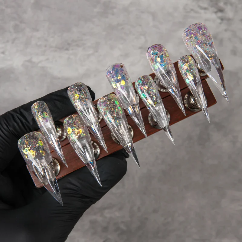 Super Long Curved Stiletto Press On Nails Clear Iridescent Holographic Glitter Silver Slice Fake Nails Glossy Handmade Reusable