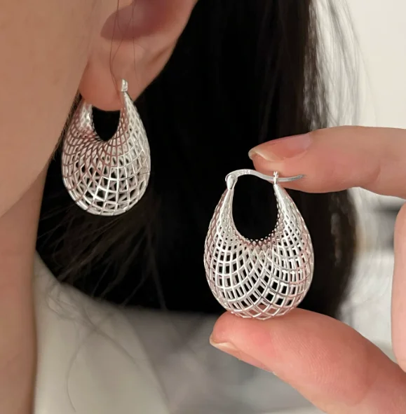 925 silver earrings for women silver grid earring u shape hoop earring