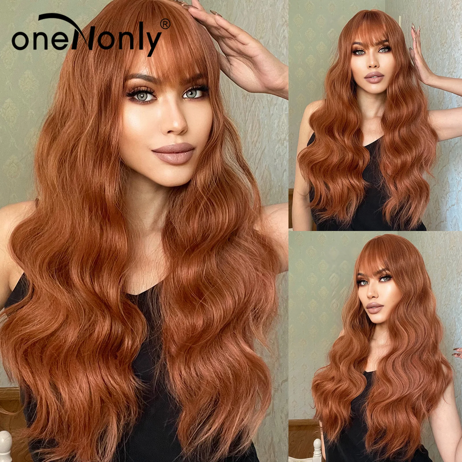 

oneNonly Ginger Orange Synthetic Wigs for Women Long Wavy Wigs with Bangs Cosplay Colored Hair Heat Resistant Body Wave Wig