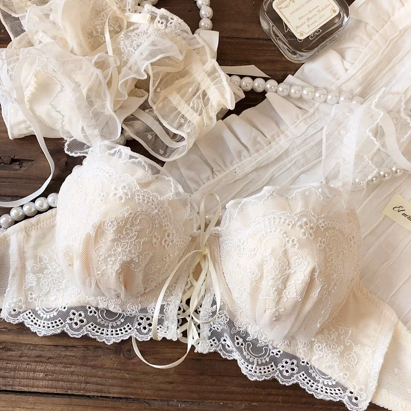 Set reggiseno in rete di pizzo ricamato fata giapponese per ragazze senza ferretto raccoglie seni piccoli sulla parte superiore della biancheria intima da donna