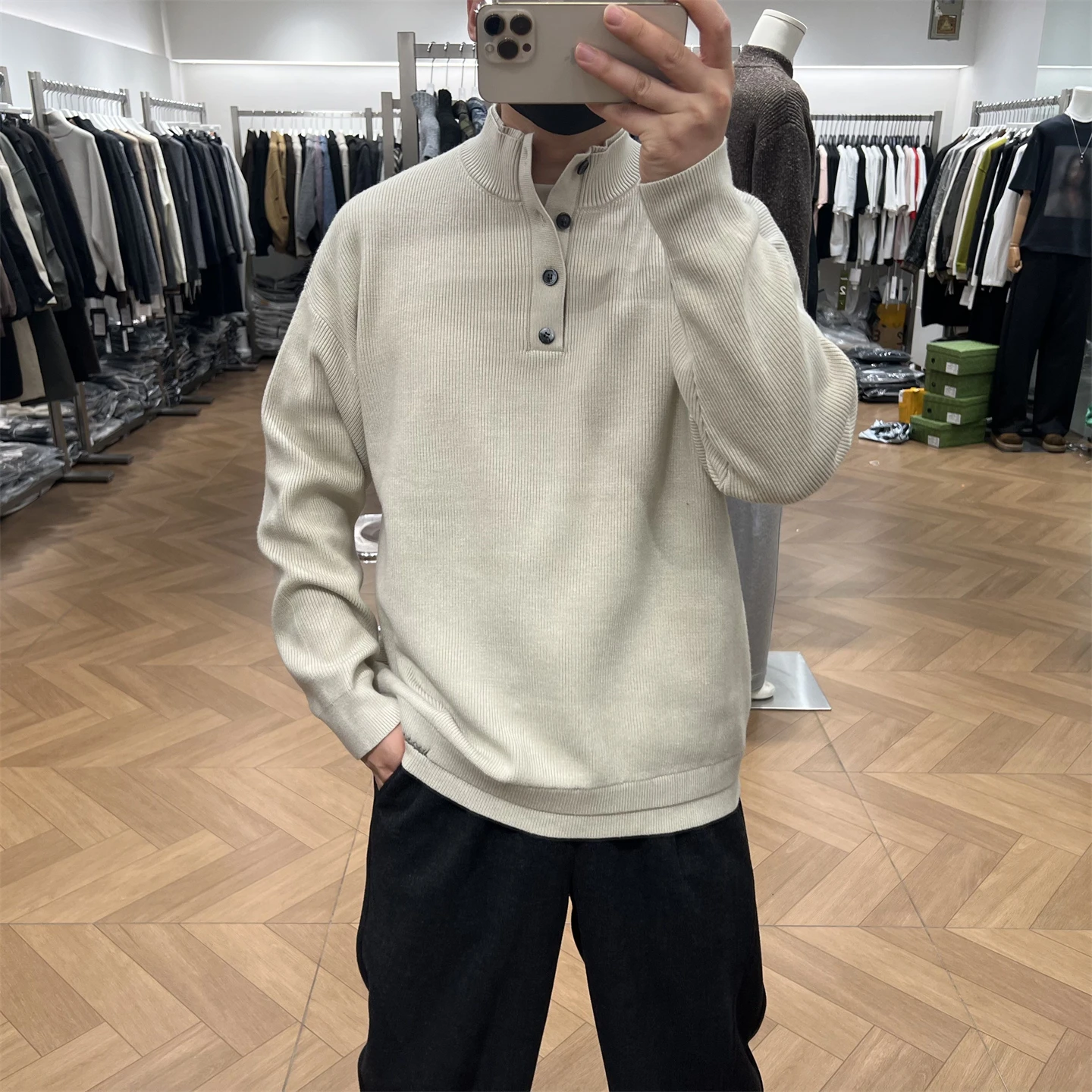 

Осень-зима, мужской вязаный свитер, однотонный воротник-стойка, открытый свободный теплый шерстяной свитер, длинный топ све