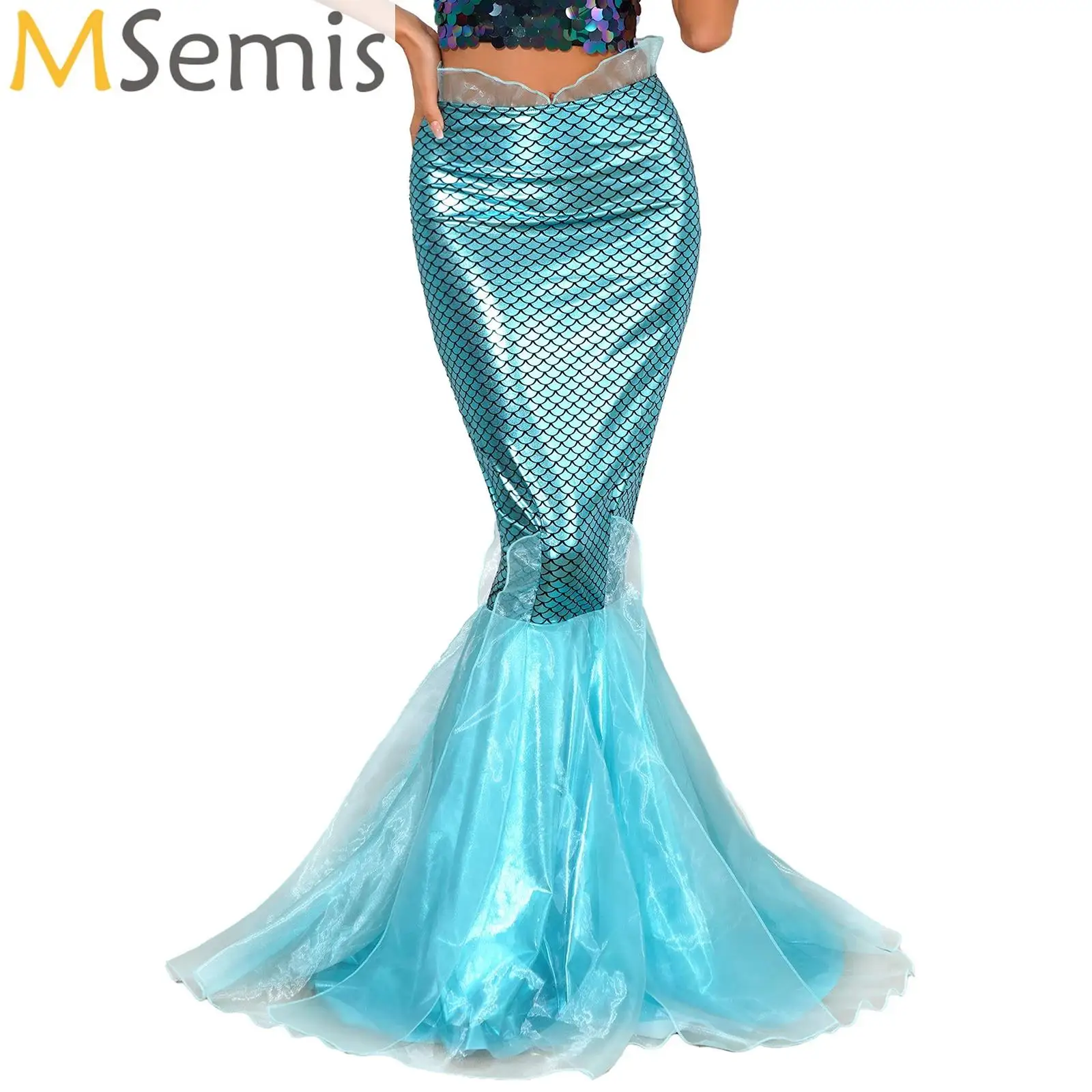 

Women Long Mermaid Skirt Metallic Hologram Scale Print Slim Fit Fishtail Maxi Skirt for Halloween Cosplay Dress-Up Party Costume