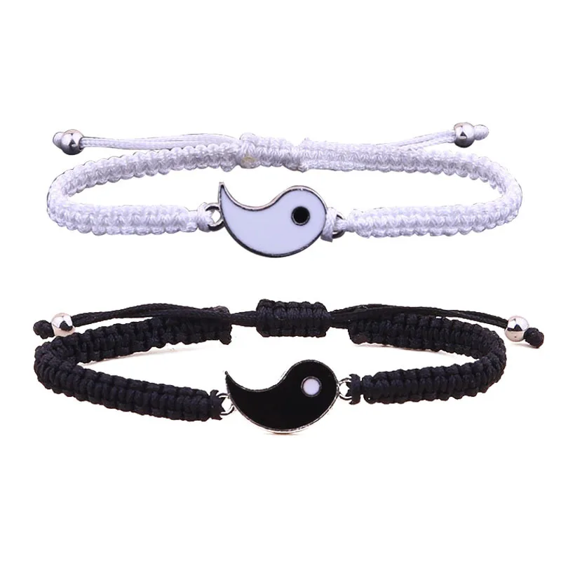 1 set of 2 simple Tai Chi bagua black and white Yin and Yang rope braided telescopic adjustment bracelet for men and women coupl