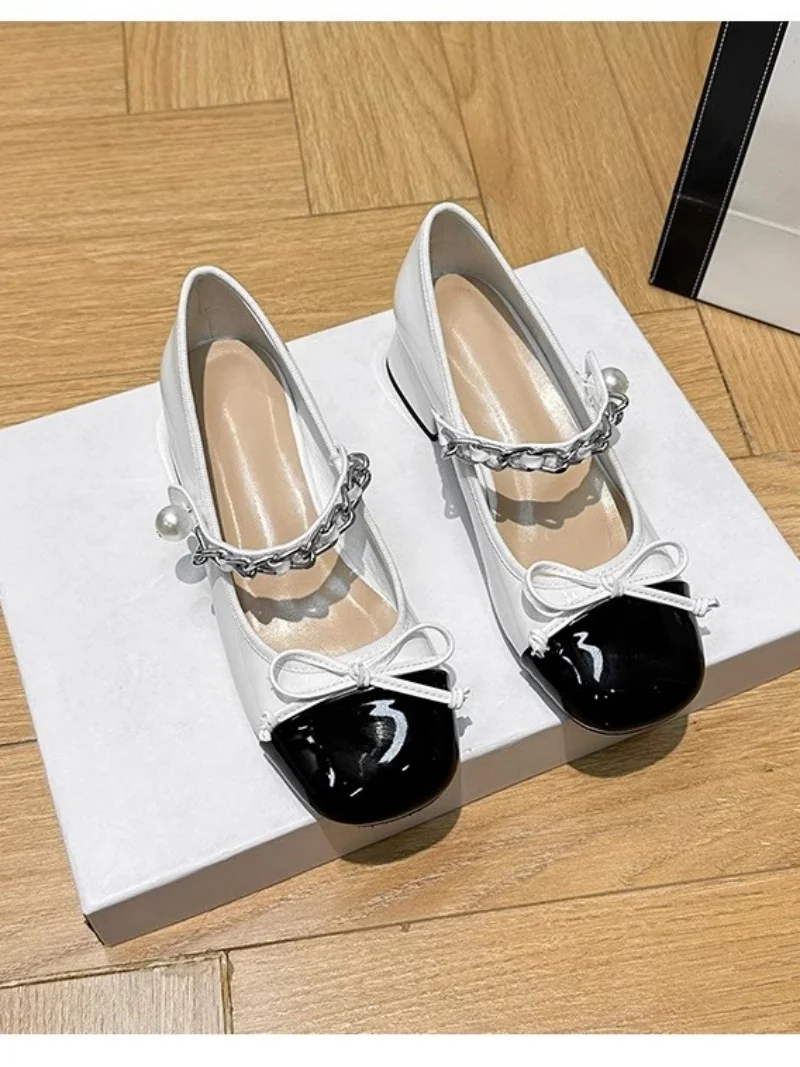 

2025 Spring New Women's Mary Jane Shoes Colorblock Square Toe Chunky Heel Bowknot Chain Pearl Decoration Elegant Ladies Pumps