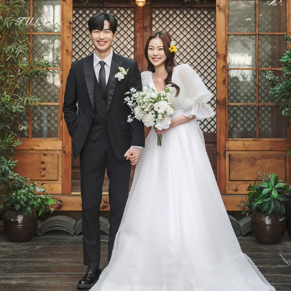 TULX Ivory Dots Tulle Wedding Dress Korea Photo Shoot V Neck Sleeves Long A line Long Bridal Gowns Corset Customized 웨딩드레스