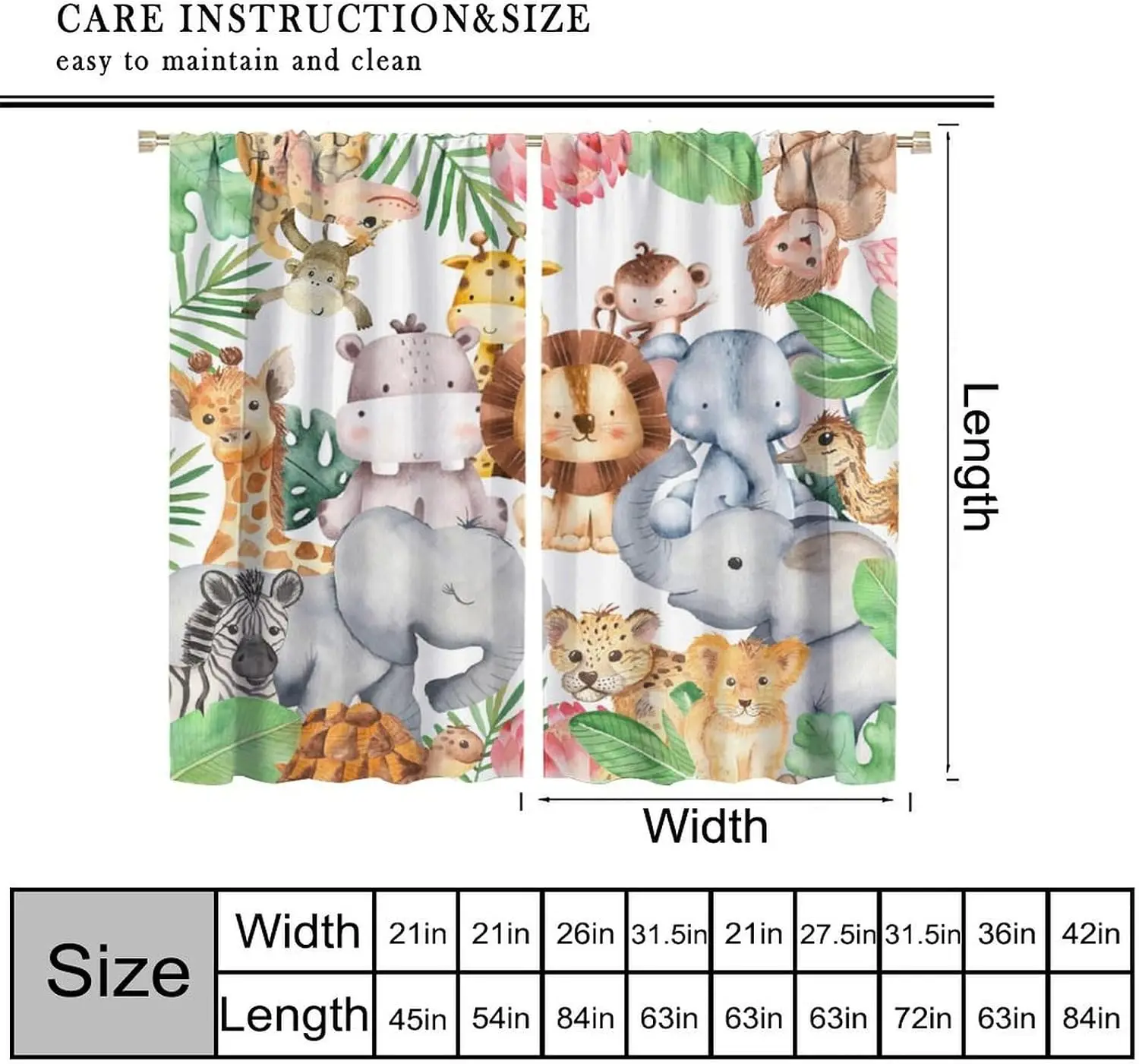 Boho Jungle Safari Animal Curtains Pair Nursery Window Drapes Kids Lion Giraffe Elephant Woodland Theme Print for Children Room