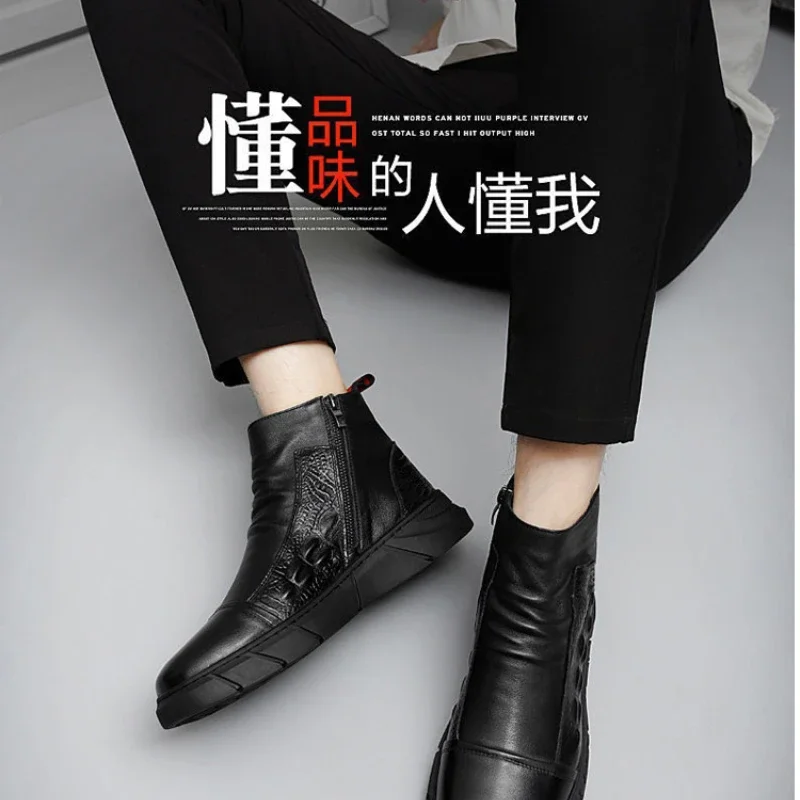 Popular Autumn Winter Mens Ankle Boots Leather Waterproof Casual Leather Shoes Fashion Motorcycle Boot Non-slip Zipper Men Shoes