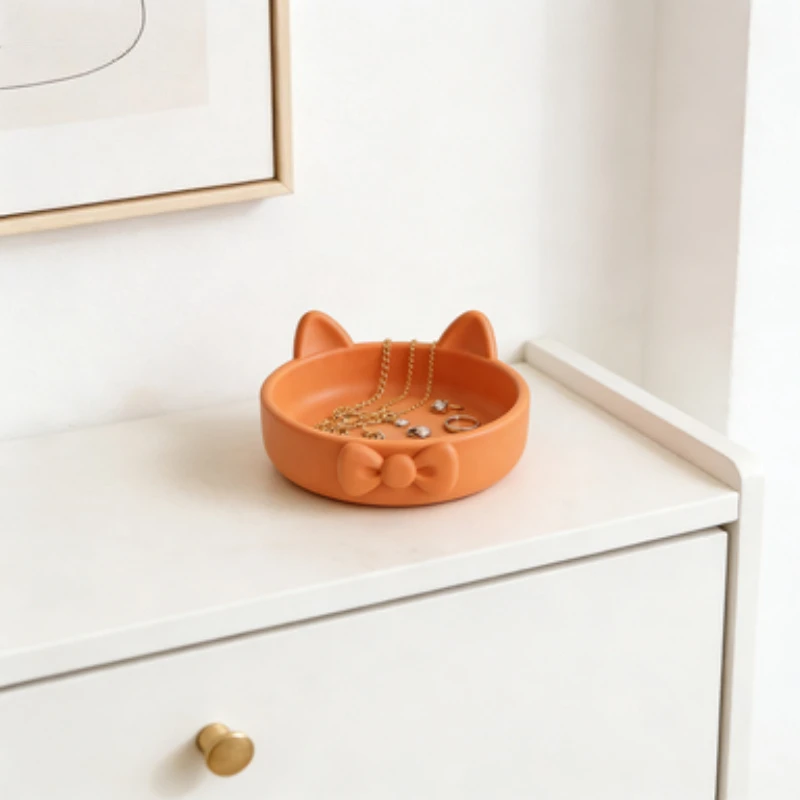 Kawaii Cat Bowknot Storage Tray Cute Jewelry Holder Decor Vanity Ring Earring Organizer Entryway Key  Small Items Storage Plate