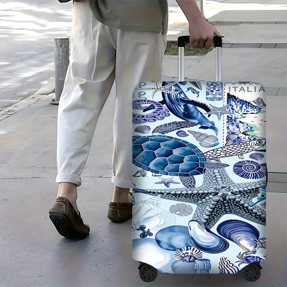 

1-piece Marine Life Print luggage cover for 18 – 32-inch luggage; a dustproof and stretchy travel accessory featuring a starf