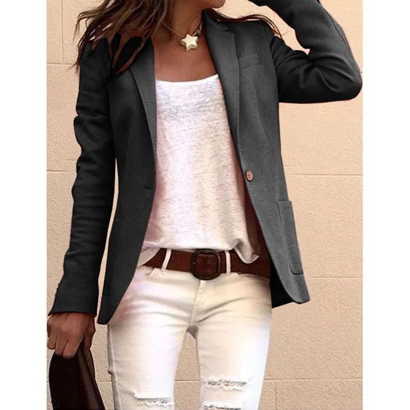 Basic Candy Color Suit Jacket Slim Fit Button Down Lapel Collar Long Sleeve Pockets Commuter Office Lady Outerwear Blazer Coat