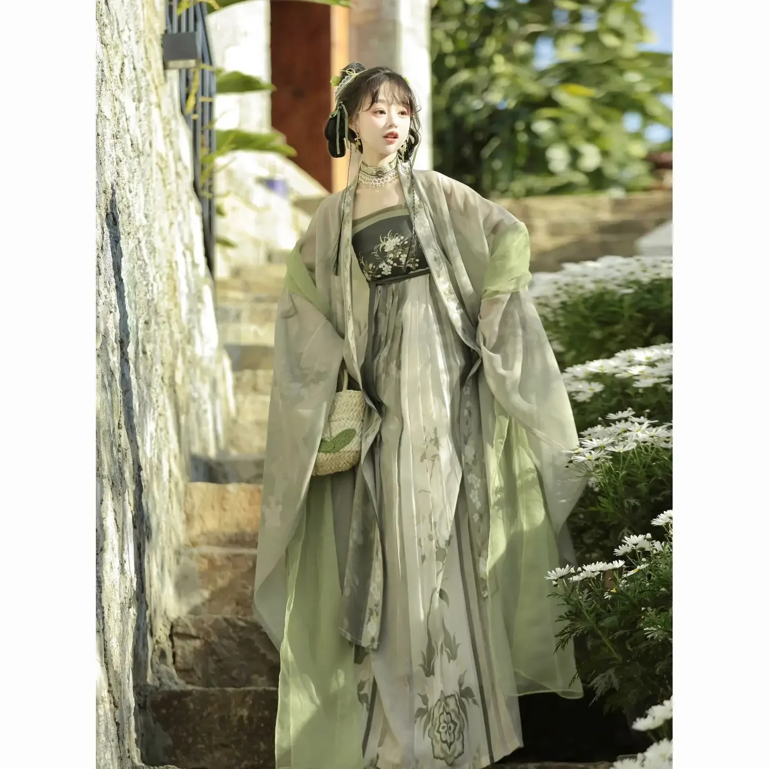 Groene Hanfu Chinese Traditionele Stijl Zomer Tang Damesjurk Set Met Chiffon Print Lange Jurk