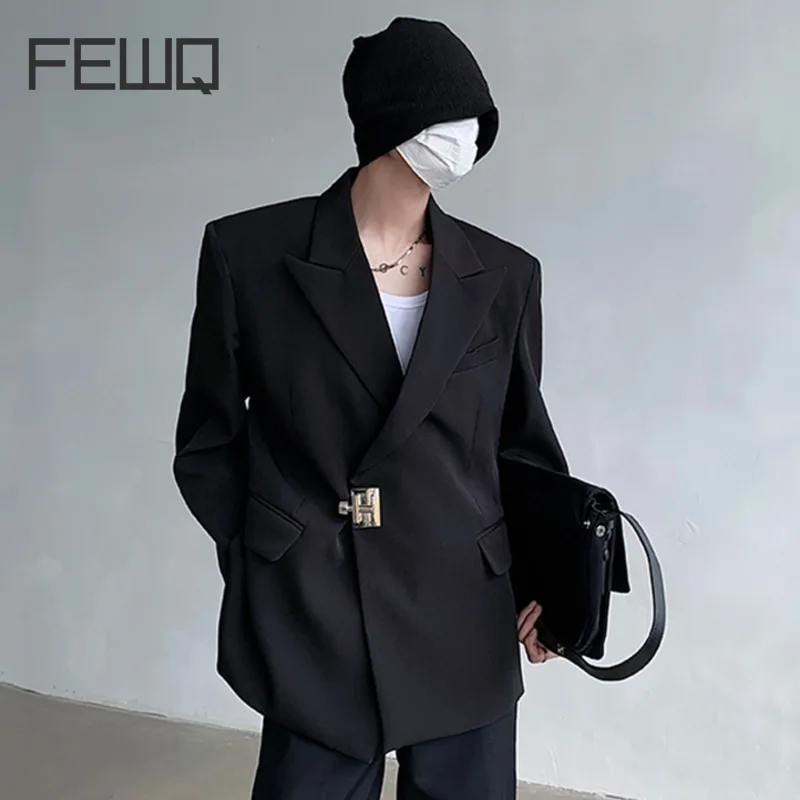 FEWQ Men's Suit Jacket Loose Coat Casual Shoulder Pad Metal Buckle Top Turn-down Collar 2024 Fashion Summer Fashion Tide 9C5271